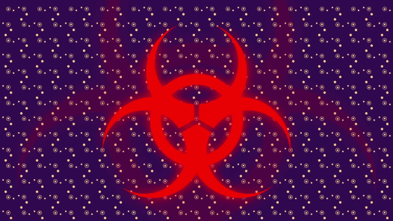 검은색 배경에 서클을 중심으로 움직이는 점 위에 위험 기호의 애니메이션