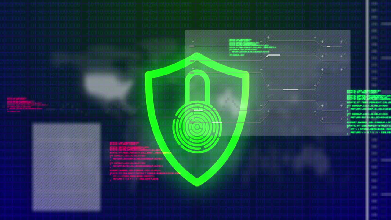 animación del candado y la huella dactilar biométrica y procesamiento de datos sobre un fondo oscuro