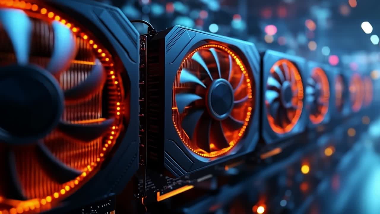 Close-up of a row of graphic cards with cooling fans
