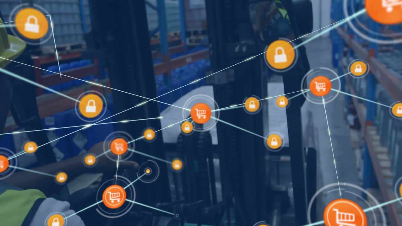 창고에서 일하는 사람 위의 아이콘과 연결 네트워크의 애니메이션