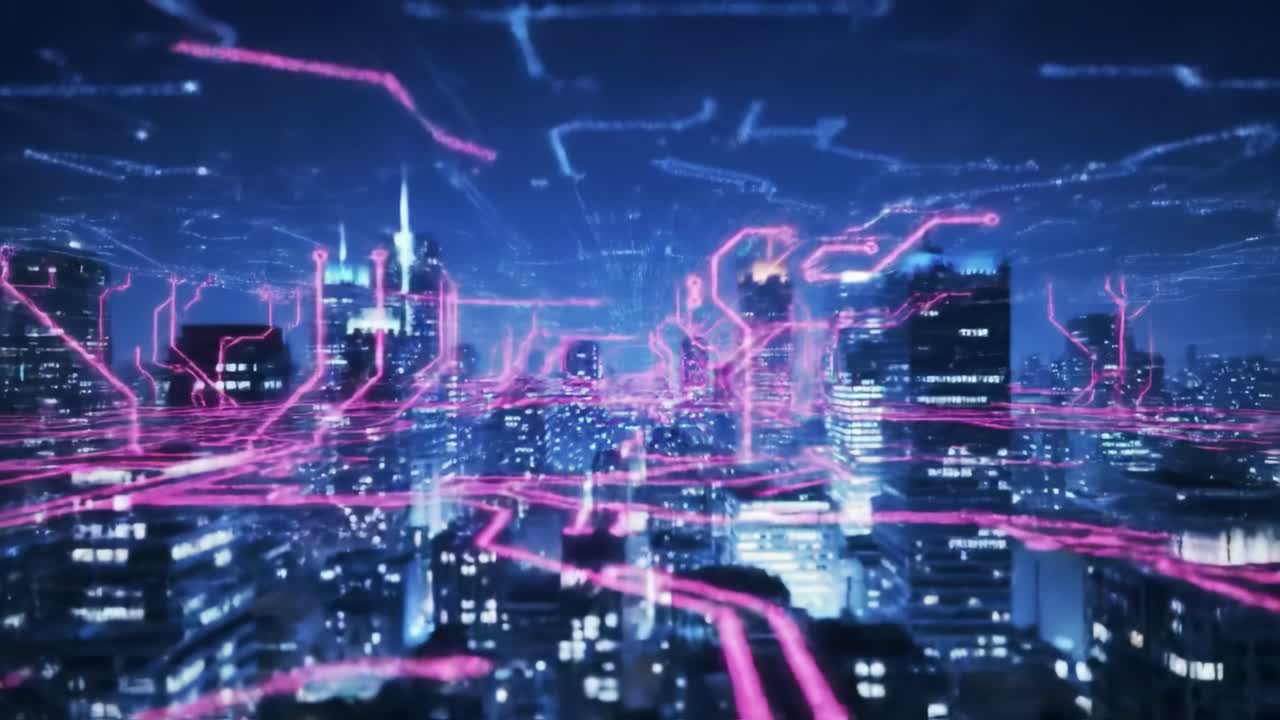 A Stunning Nighttime View of a Futuristic City Filled with Digital Networks and Neon Lights, Capturing the Vibrant Energy and Technological Advancement of Urban Life.