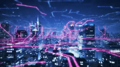 a stunning nighttime view of a futuristic city filled with digital networks and neon lights, capturing the vibrant energy and technological advancement of urban life.