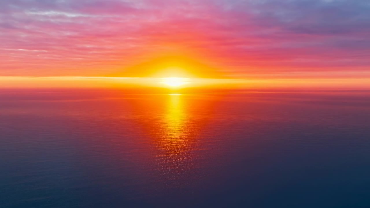 Horisontal luftfoto av en sentrert sol som går ned i horisonten over et rolig hav. Varmt gyllent lys skaper en lys vertikal refleksjon som fører mot betrakteren.
