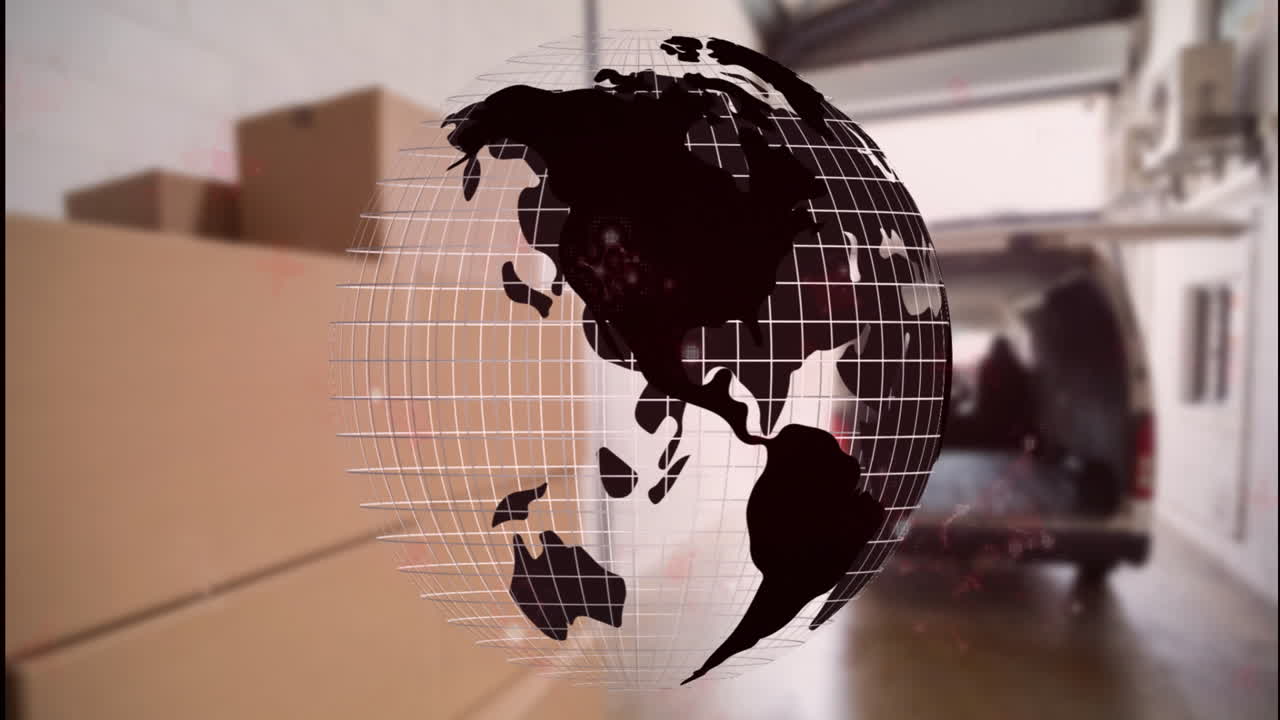Globe animation over warehouse with stacked cardboard boxes and open truck