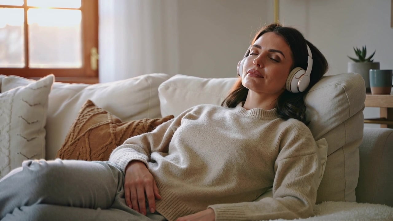 Donna adulta che ascolta musica e riposa sul divano a casa, con cuffie bianche e un maglione color cammello