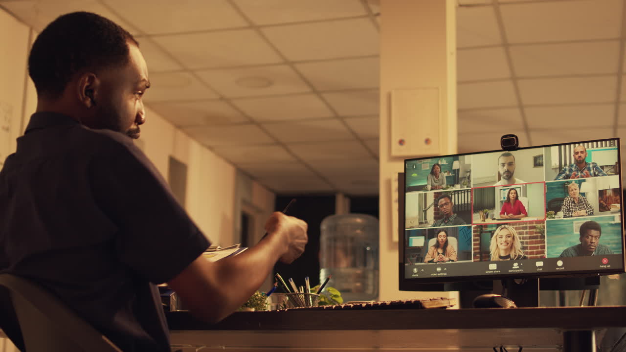 Executive employee talking to people on online videoconference