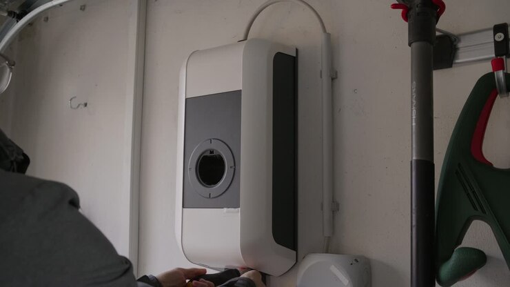 Wide shot of an EV charging station mounted on a wall. The technician opens the large protective cover to access the internal electrical components and configuration ports
