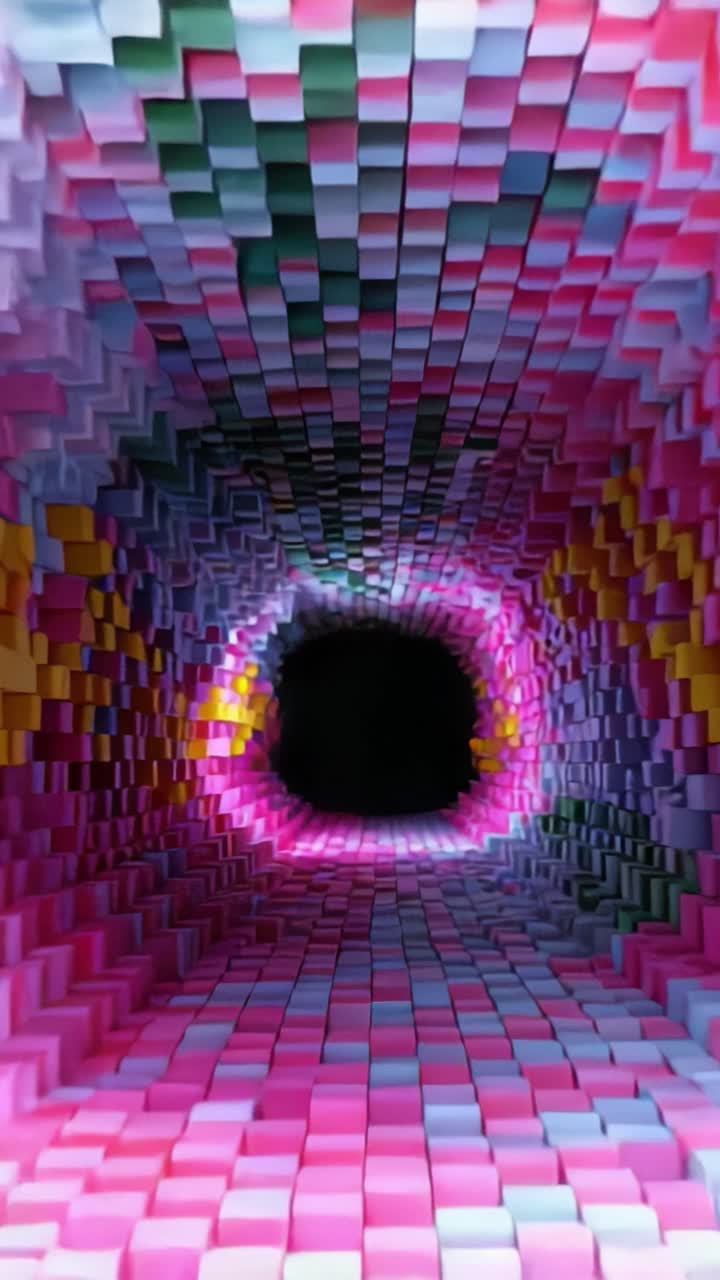 Vibrant Passageway of Colorful Cubes Leading into a Deep Black Void, Capturing the Essence of Digital Art and Geometric Abstraction in Stunning Detail