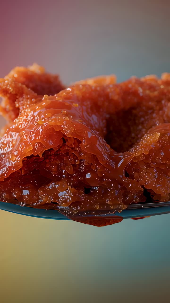 Vertical video: Metal spoon holding salmon caviar tilting in studio releasing shiny droplet