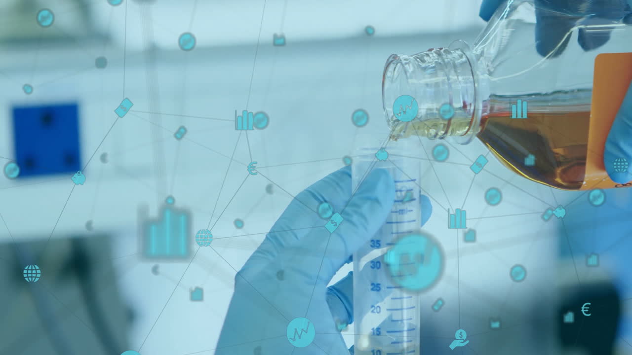 Gloved hands pouring liquid into beaker with scientific data animation overlay