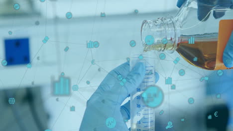 gloved hands pouring liquid into beaker with scientific data animation overlay