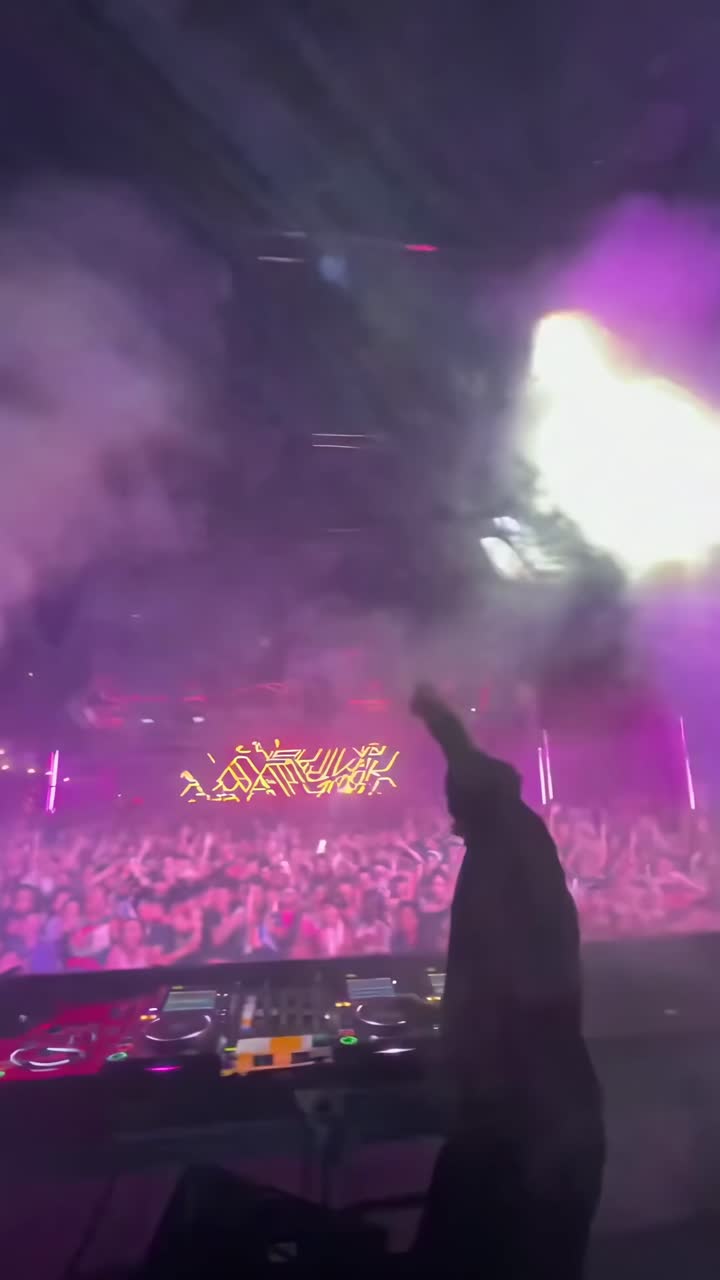 Ripresa video dall'alto di un DJ che si esibisce in un club vivace con luci viola e una folla animata
