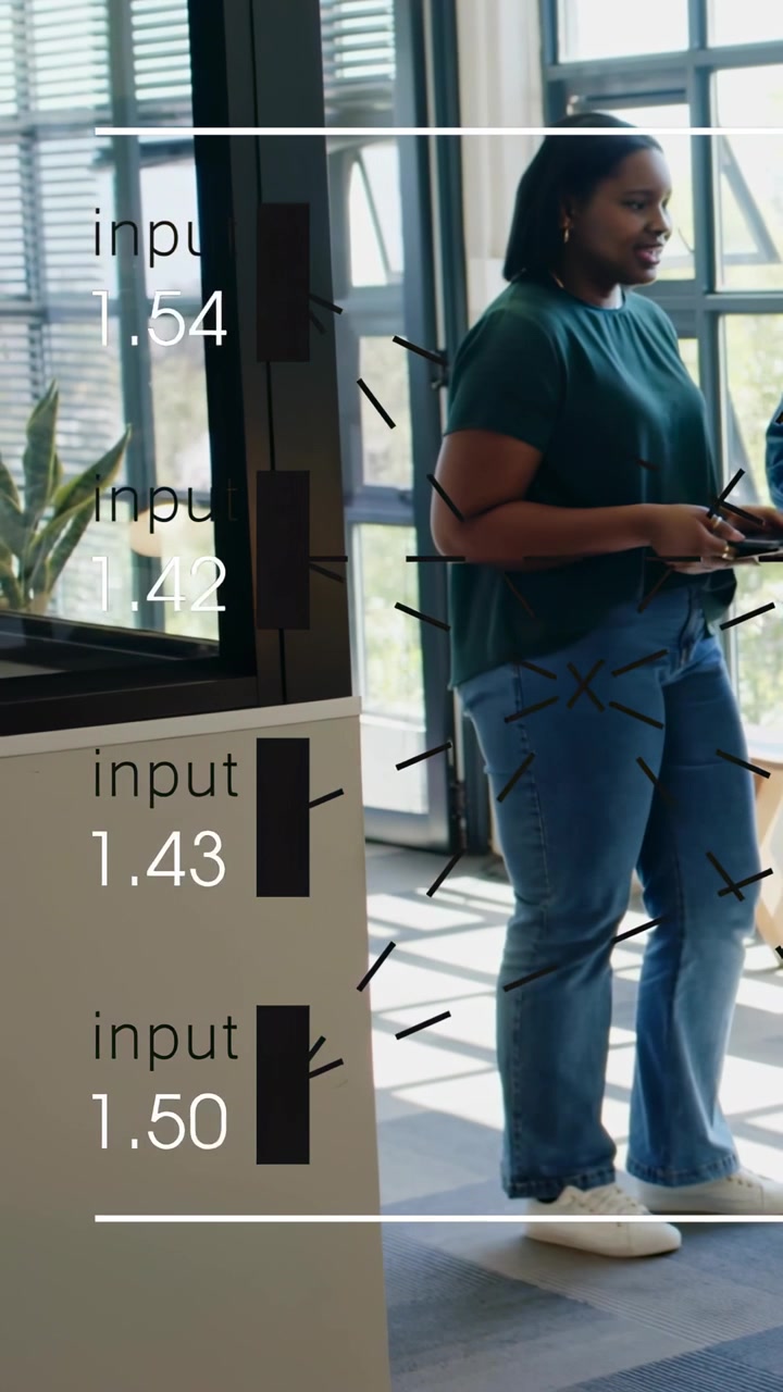 Vertical video: Woman holding phone starting business chat with peer, input overlay updating values
