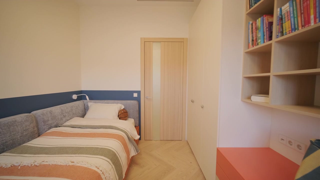 Modern Minimalist Bedroom Interior with Single Bed and Wooden Door