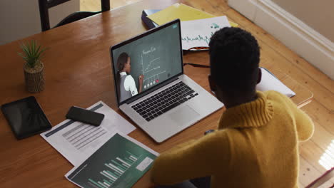 african american female student using laptop on video call with female teacher