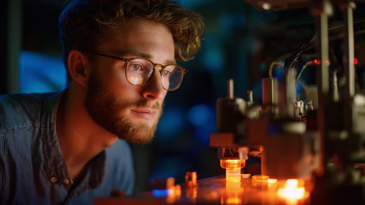 Focused Experimentation: A Scientist Deep in Thought Analyzes a Complex Setup with Advanced Equipment, Capturing the Essence of Innovation and Precision in a Dimly Lit Laboratory Environment