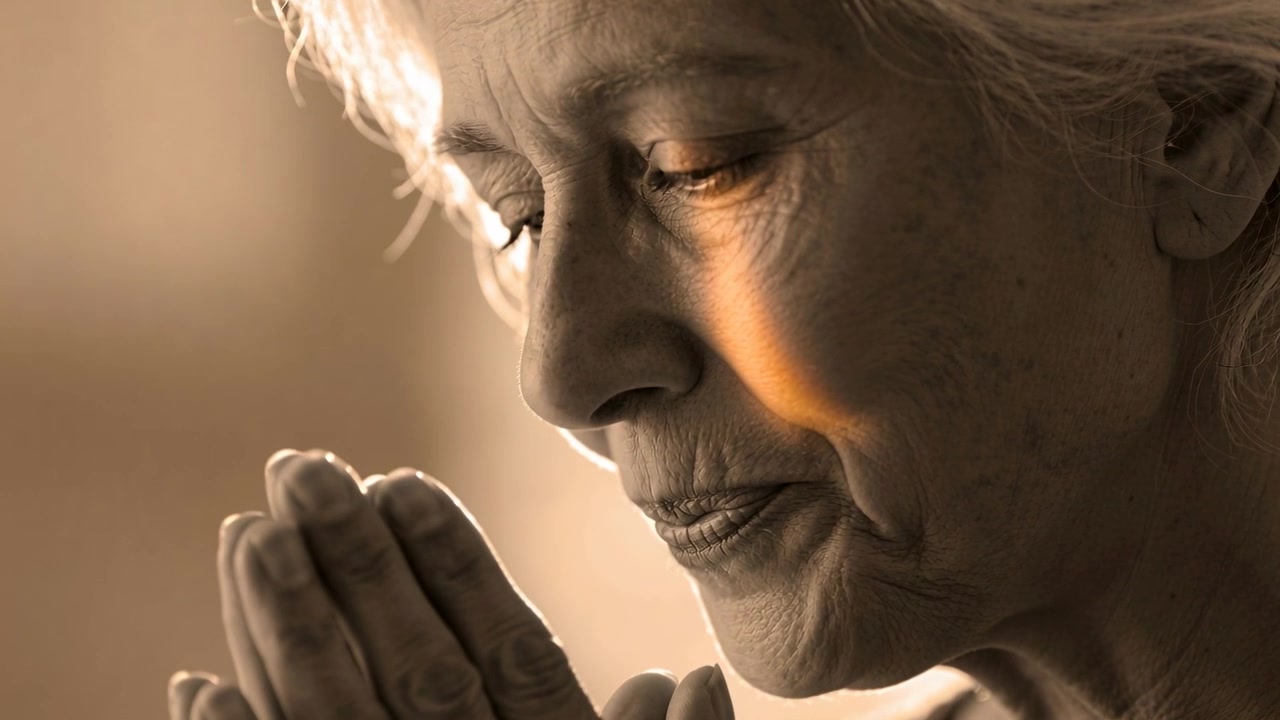 Mulher idosa com as mãos postas, murmurando uma oração em um quarto particular, com luz quente destacando sua bochecha.