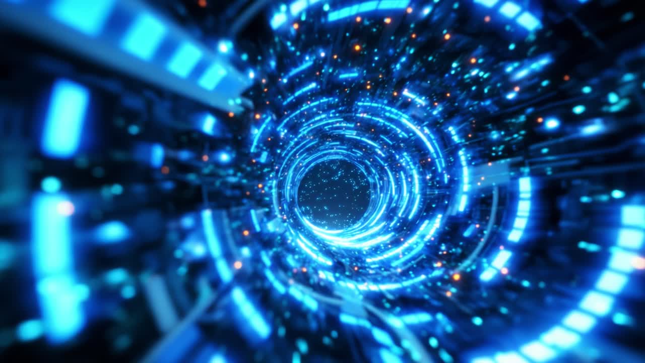 A Stunning Visual Journey Through a Hypothetical Digital Wormhole, Featuring Swirling Patterns of Blue Light and Particle Effects, Capturing the Essence of Infinite Possibilities in a Virtual Space