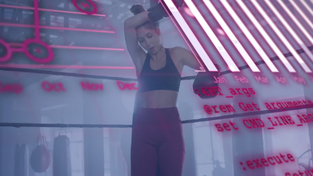 woman boxer leaning in boxing ring, showcasing fitness tech neon bar charts and scrolling code