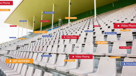 animation of social media icons on banners over empty stands in sports stadium