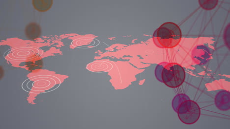 globe of digital icons spinning against pulsating circles on world map against grey background