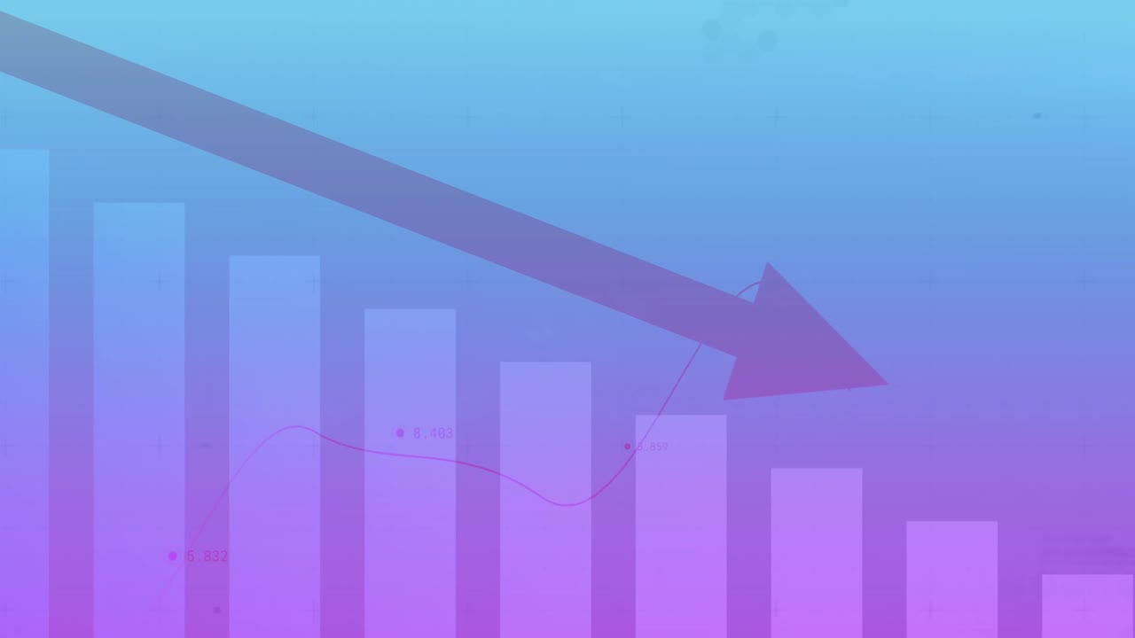 파란색 배경 위에 화살표를 가진 금융 데이터 처리 및 통계의 애니메이션