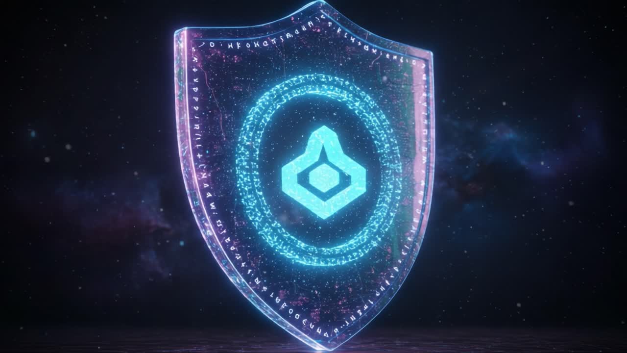 A Glowing Digital Shield Representing Cybersecurity and Protection Against Digital Threats with Futuristic Elements in a Cosmic Background