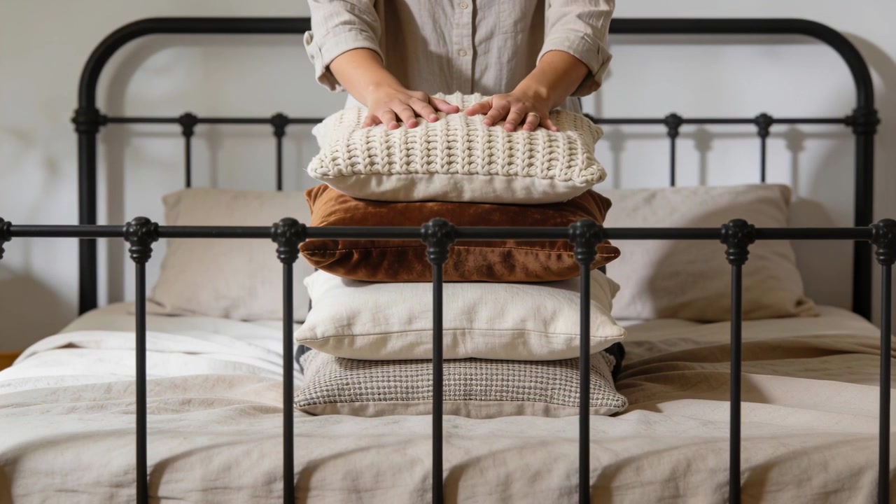 Donna con camicia beige che appoggia un cuscino lavorato a maglia su una pila di cuscini sul letto, per lo styling