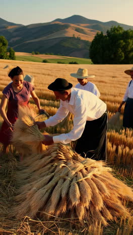 harvesting wheat in a mountainous rural area