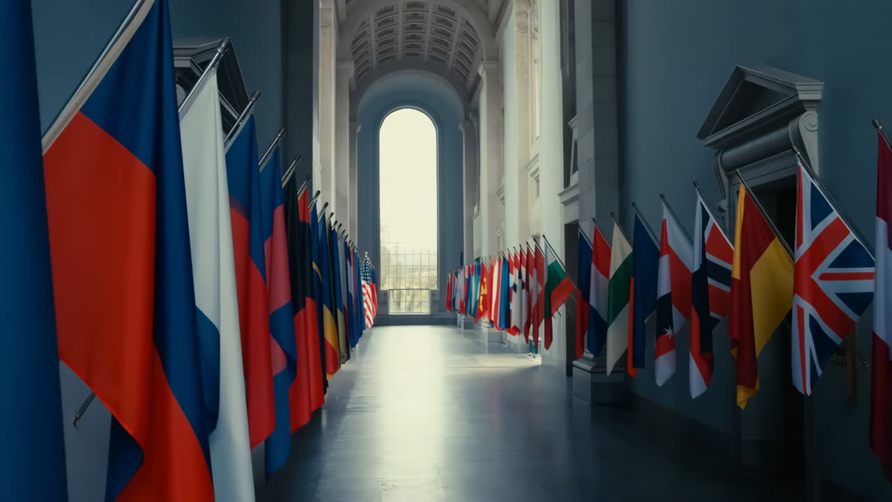 Long hallway adorned with flags of various countries leading to a bright archway