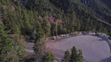 dark suv vehicle drives down a two-lane freeway through a mountainous pine forest