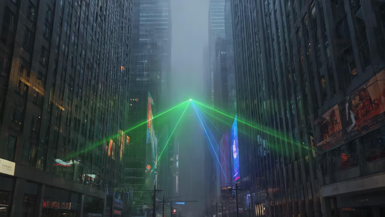 Urban cityscape with laser lights in the fog