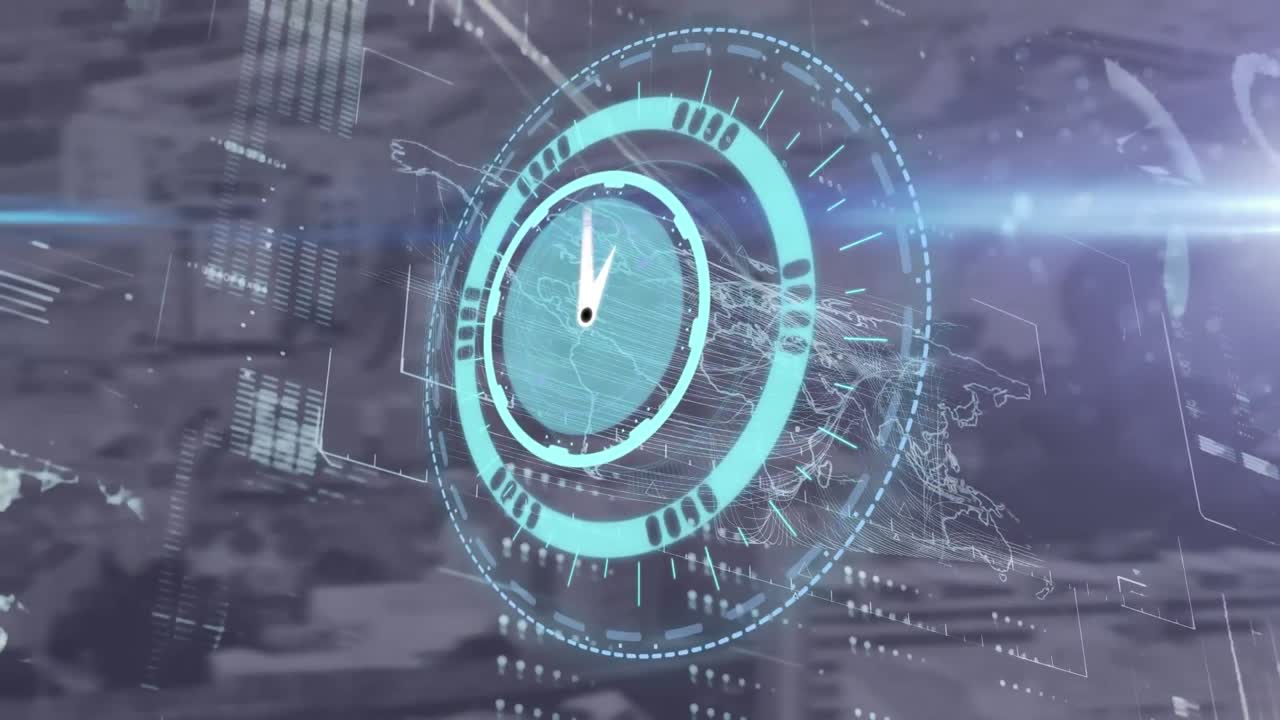 Animation of clock moving fast over data processing and cityscape