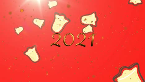 Animation-of-2021-text-over-falling-bells-on-red-background