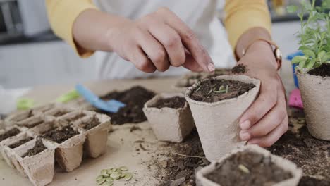 sección media de una mujer biracial plantando semillas en una olla de arranque biodegradable con tierra, en cámara lenta