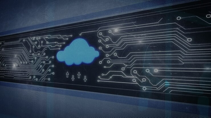 Animation of digital cloud with moving arrows with electronic circuits board patterns