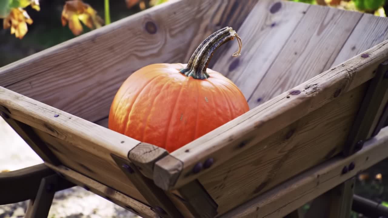 Harvesting Pumpkins in a Garden Cart During Autumn Season