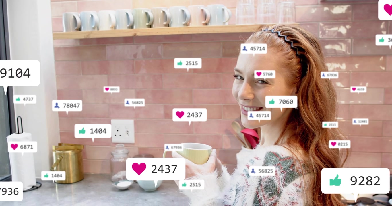 Social counters popping and sparking creator sipping mug in kitchen while engagement counts rising