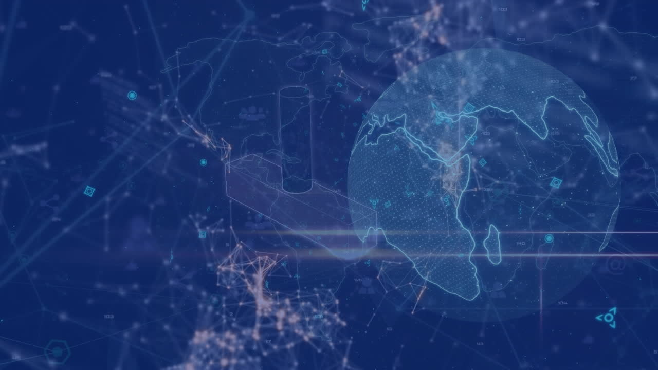 프로필 아이콘 네트워크, 회전하는 지구 및 파란색 배경에 대한 데이터 처리의 애니메이션