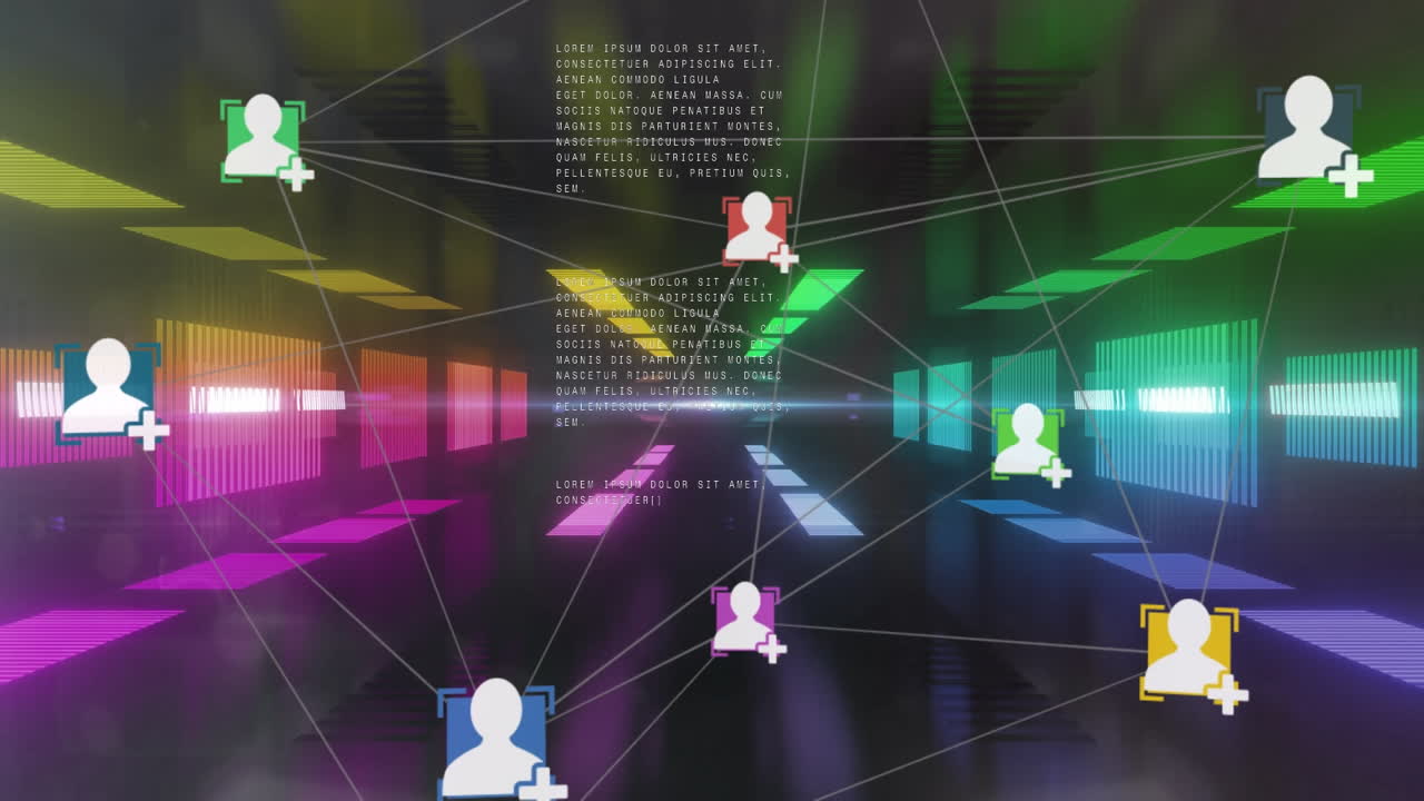 검은 바탕에 터널을 형성하는 선 위에 연결된 아이콘의 애니메이션