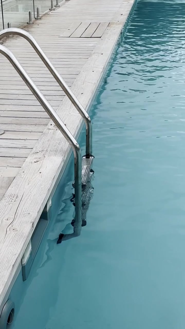 Close-up of a stainless steel ladder entering a calm swimming pool beside a pale wooden deck, showing clean resort leisure design.