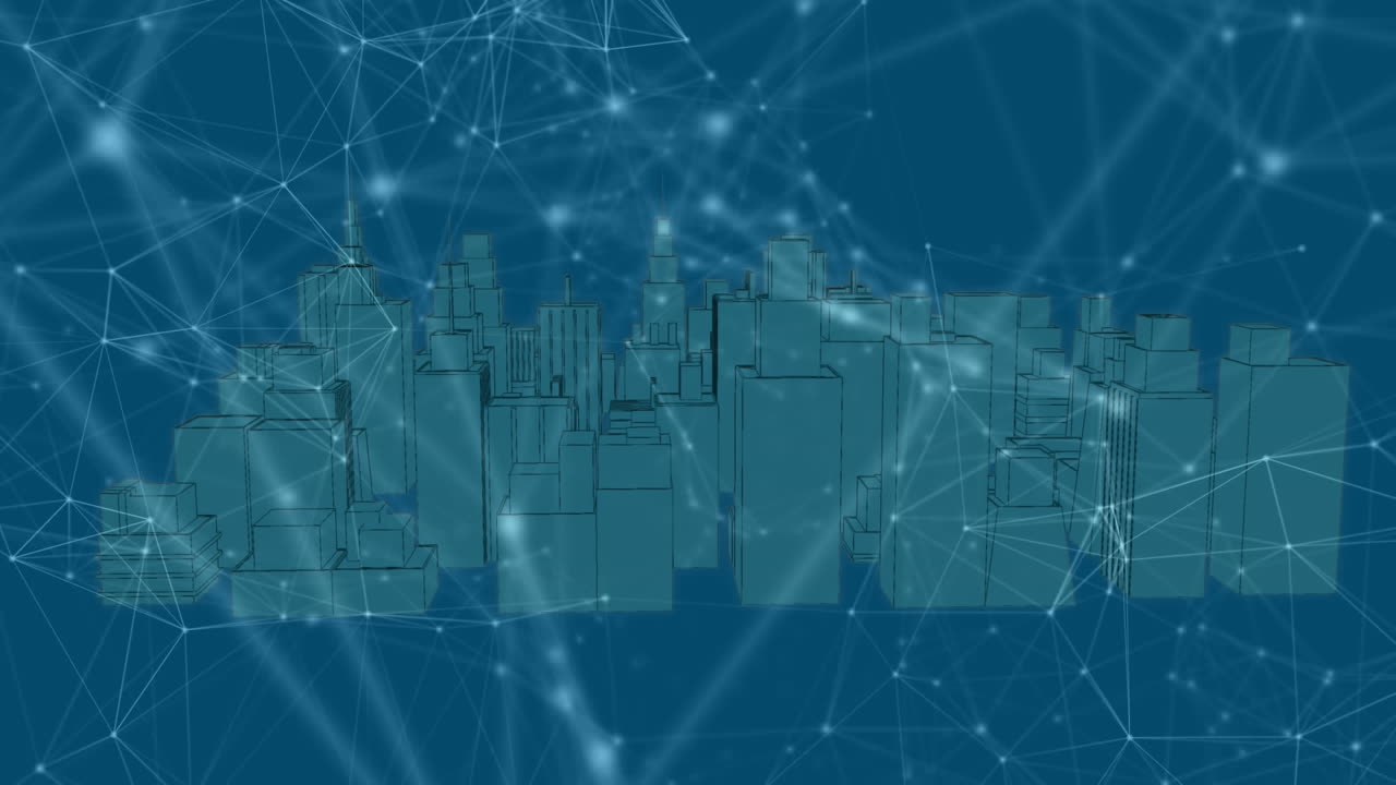 Animation of networks of connections over 3d cityscape on blue background
