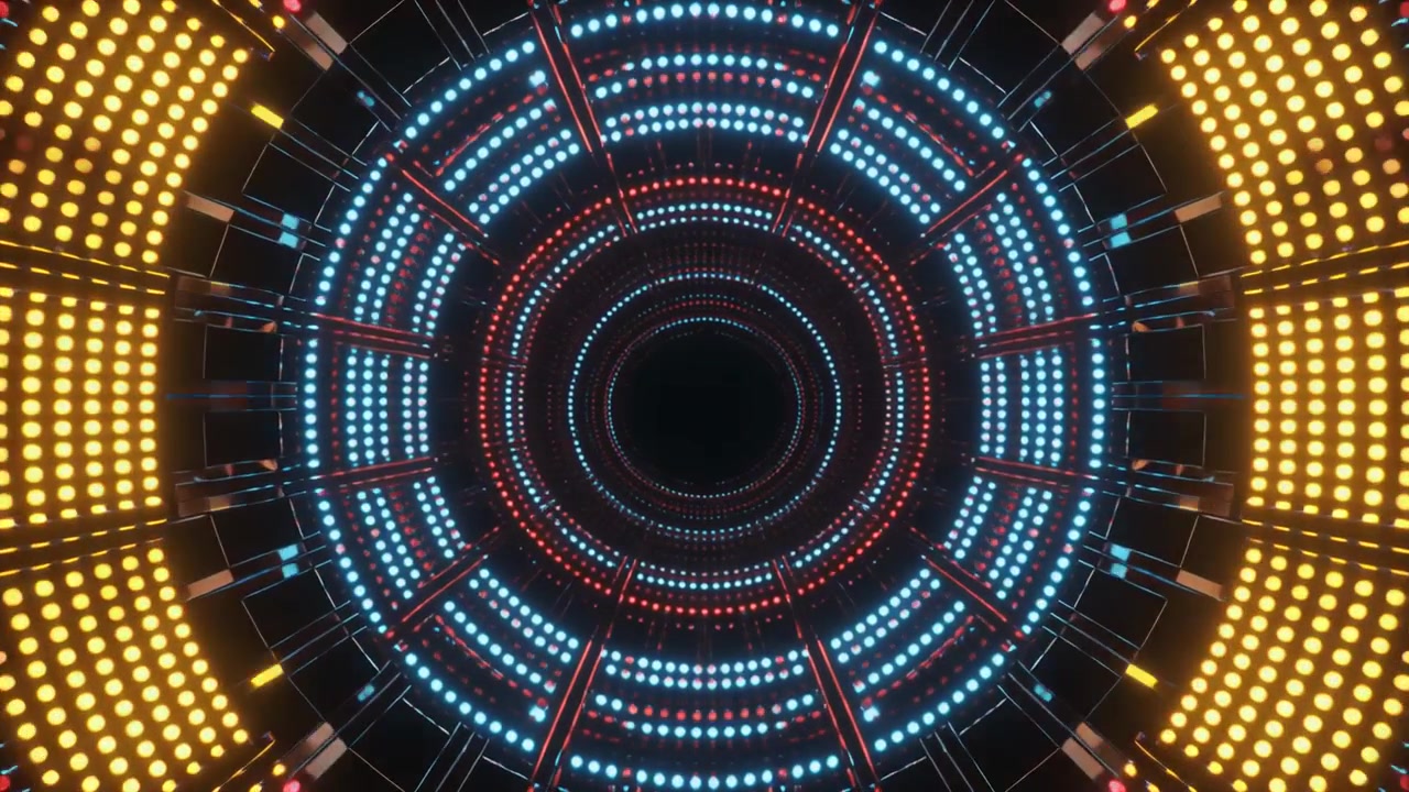 Tunnel astratto di luci LED luminose e anelli geometrici