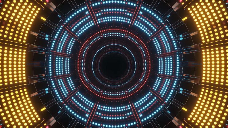 Túnel Abstrato de Luzes LED Brilhantes e Anéis Geométricos
