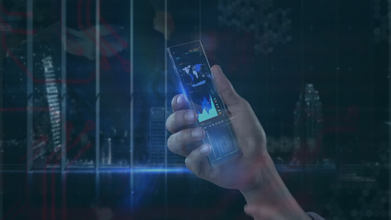 Holding smartphone, hand displaying financial graph with cityscape and digital animation