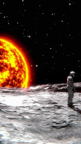 astronaut on a lunar surface facing a fiery sun