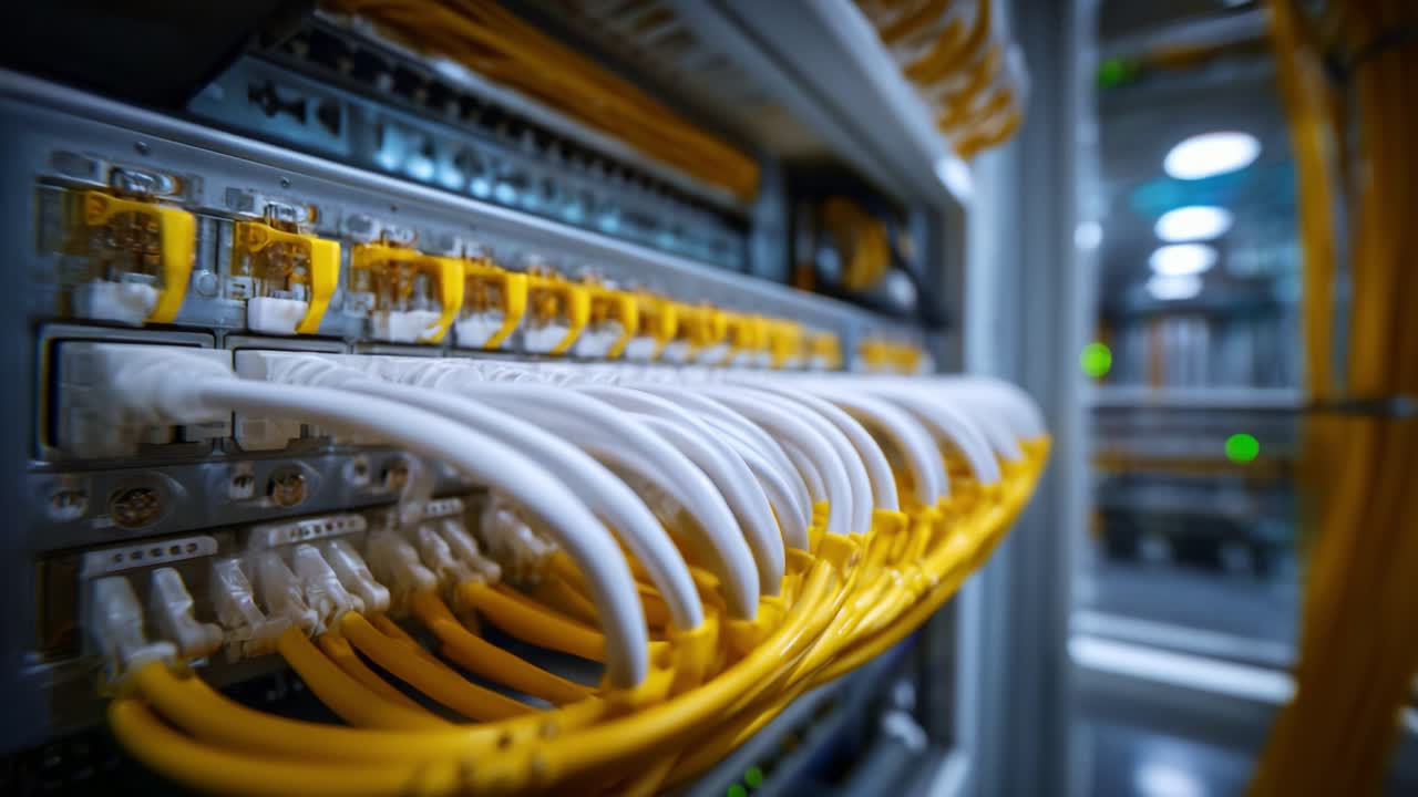 Close-Up of Network Server Rack with Yellow and White Ethernet Cables Showcasing Modern Data Connectivity and Advanced Communication Technologies