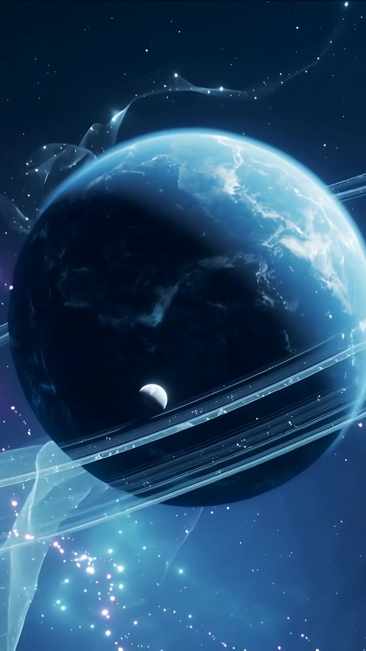 Vertical video: Panning camera showing ringed blue planet in space to reveal rings and moon, nebula