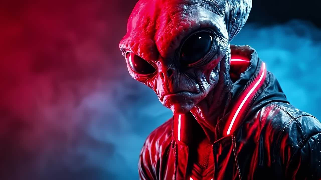 A man in a red alien suit with a red light on his face