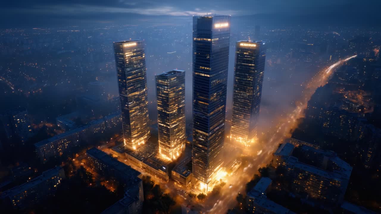 A Majestic Nighttime View of Skyscrapers Illuminated Against the Urban Skyline, Showcasing Gleaming Facades and Vibrant City Life with a Beautiful Evening Glow